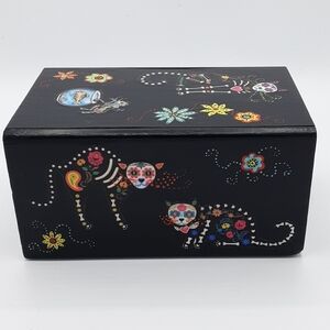 Handmade Decorative Box With Day Of The Dead Skelton Cats.